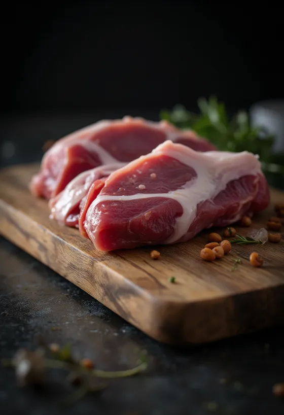 Pedaços frescos de carne de pato com especiarias sobre superfície rústica de madeira