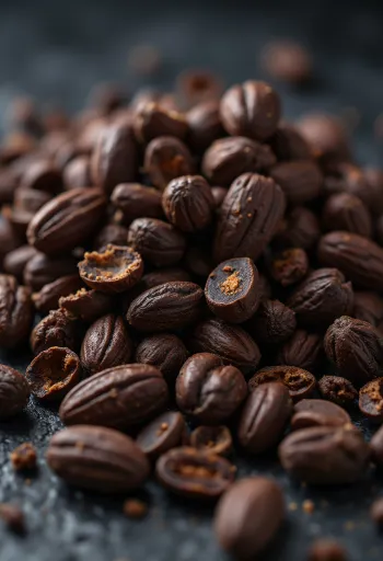 Nibs de cacau em tigela pequena ao lado de pedaços de cacau bruto em fundo de madeira