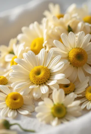 Flores de camomila seca em tigela e espalhadas com colher de madeira