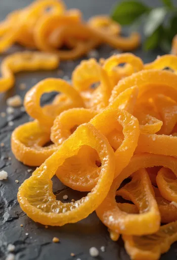 Casca de laranja cristalizada em tigela, com laranjas frescas, açúcar e mel