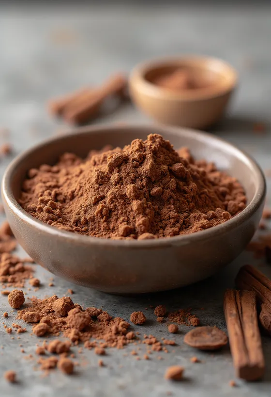Farinha de alfarroba como ingrediente: pó marrom fino em tigela com colher