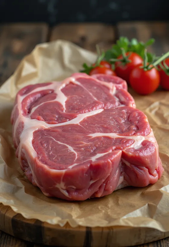 Pedaços de carne de cabra fresca com temperos, alho e pimenta