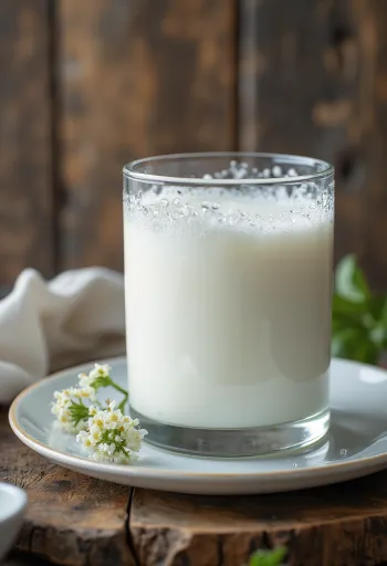 Kefir branco e cremoso em uma tigela, mesa de madeira rústica