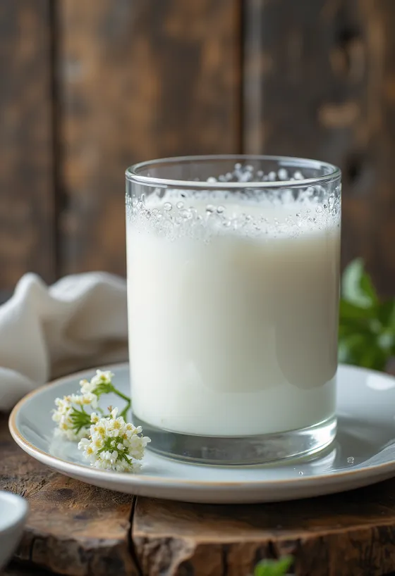 Kefir branco e cremoso em uma tigela, mesa de madeira rústica