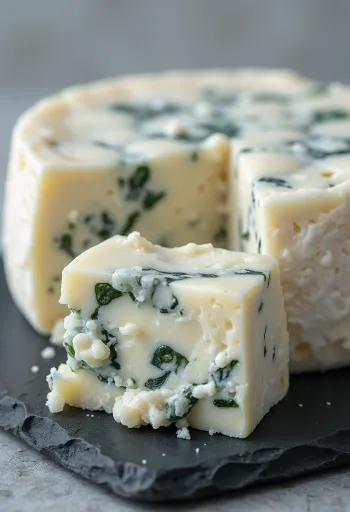 Queijo azul fatiado e esfarelado em tábua de madeira na cozinha