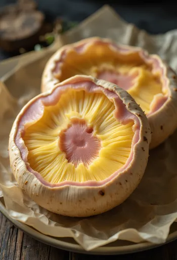 Boletus regius recém-fatiado servido com alho e tomilho
