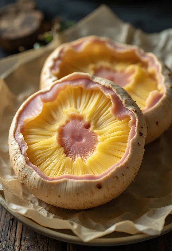 Boletus regius recém-fatiado servido com alho e tomilho