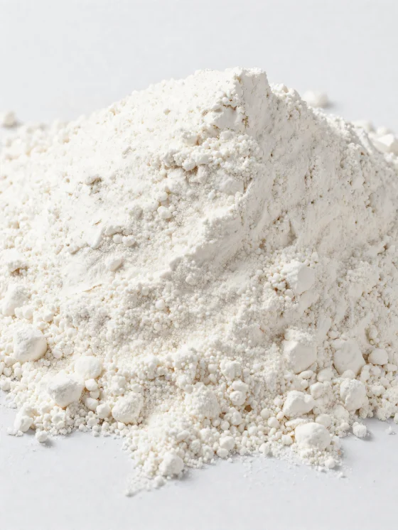 Farinha de coco em tigela de cerâmica, pó de textura fina e cor clara em superfície de madeira