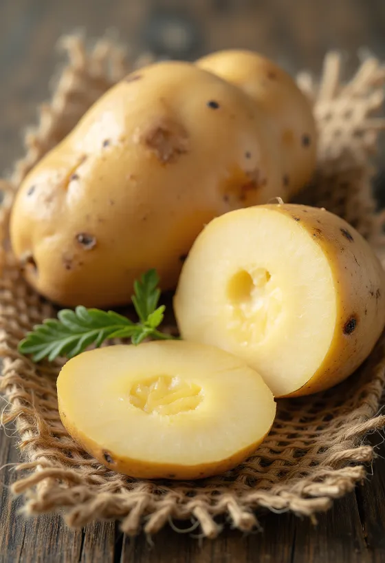 Batatas frescas inteiras e cortadas sobre mesa de madeira