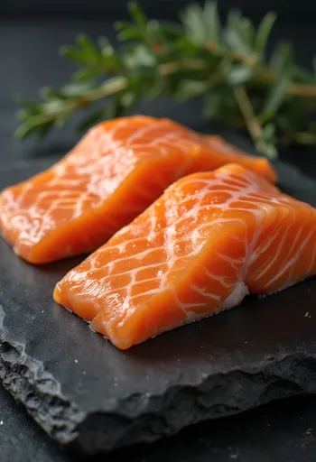 Filés de salmão frescos com limão, endro e pimenta em tábua