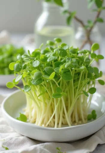 Brotos de lentilha frescos em prato branco, com algumas lentilhas germinadas