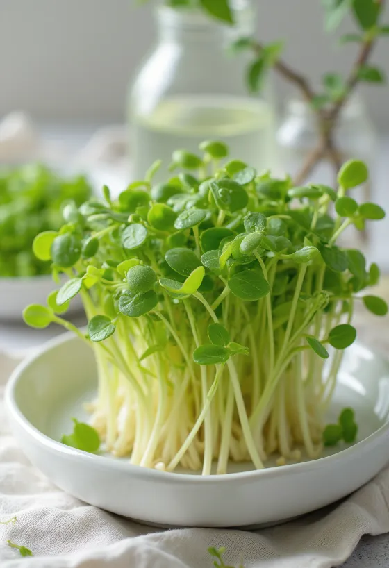 Brotos de lentilha frescos em prato branco, com algumas lentilhas germinadas