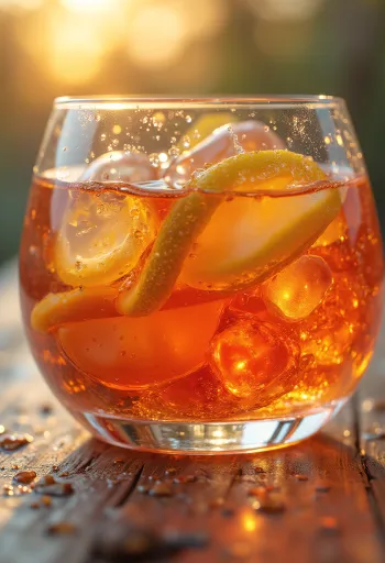 Garrafa de licor e taça servida, rodeada de especiarias e café