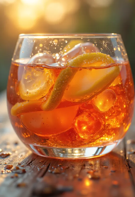 Garrafa de licor e taça servida, rodeada de especiarias e café