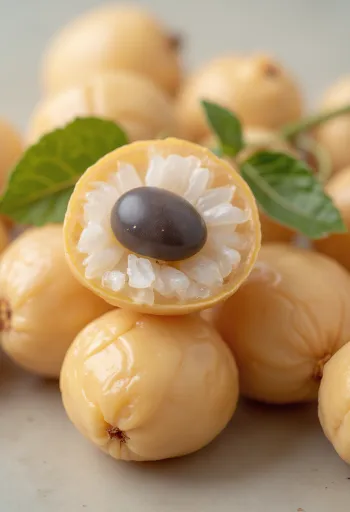 Frutas longan inteiras e abertas com polpa branca e semente preta sobre madeira