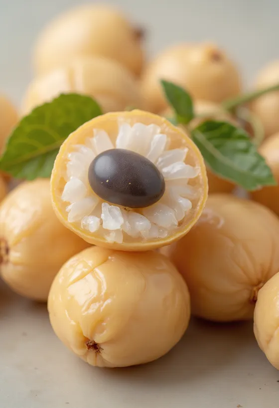 Frutas longan inteiras e abertas com polpa branca e semente preta sobre madeira