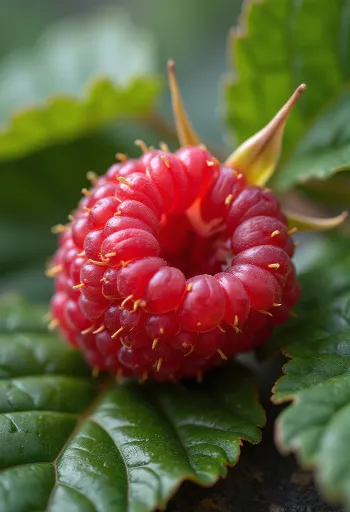 Framboesa fresca em tigela e toalha, com geleia e folha de menta
