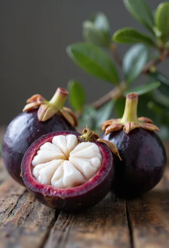 Mangostim inteiro e cortado com polpa branca e casca escura sobre madeira