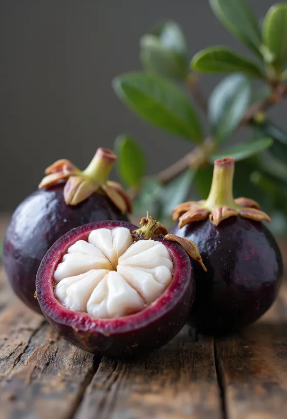 Mangostim inteiro e cortado com polpa branca e casca escura sobre madeira