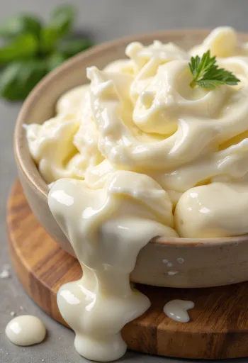 Queijo mascarpone cremoso em tigela de cerâmica com colher