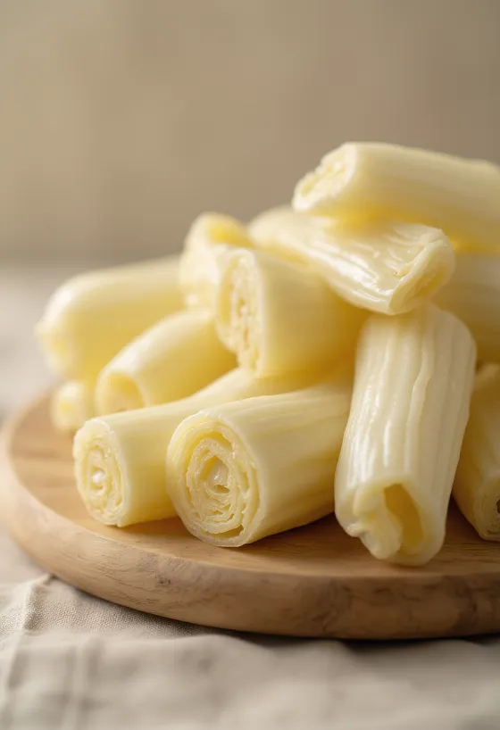 Brotos de bambu fatiados em tábua de corte com vegetais frescos