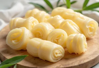 Brotos de bambu fatiados em tábua de corte com vegetais frescos