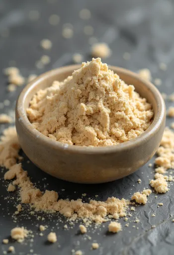 Pó de baobá em vidro com frutos de baobá ao fundo