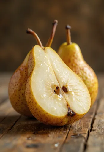 Pera Bosc fatiada e inteira em tábua, mostrando a casca marrom característica