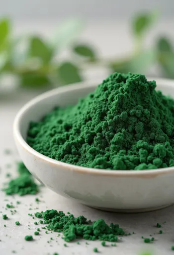 Chlorella em pó verde escuro em vidro, com comprimidos de chlorella ao redor