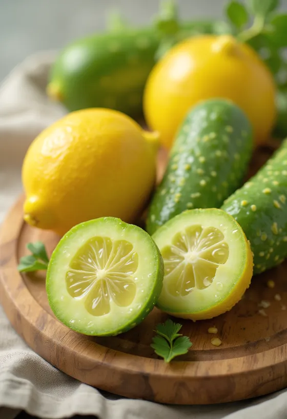 Pepino-limão fatiado em tábua de corte com vegetais frescos
