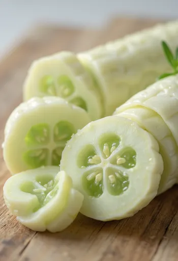 Fatias de pepino branco sobre tábua de corte rodeadas de vegetais frescos