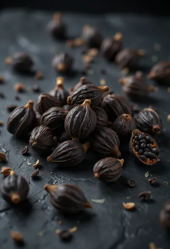 Sementes de cardamomo negro secas sobre madeira
