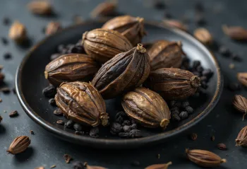 Sementes de cardamomo negro secas sobre madeira