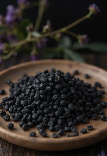 Sementes de mostarda preta secas espalhadas em uma superfície de madeira