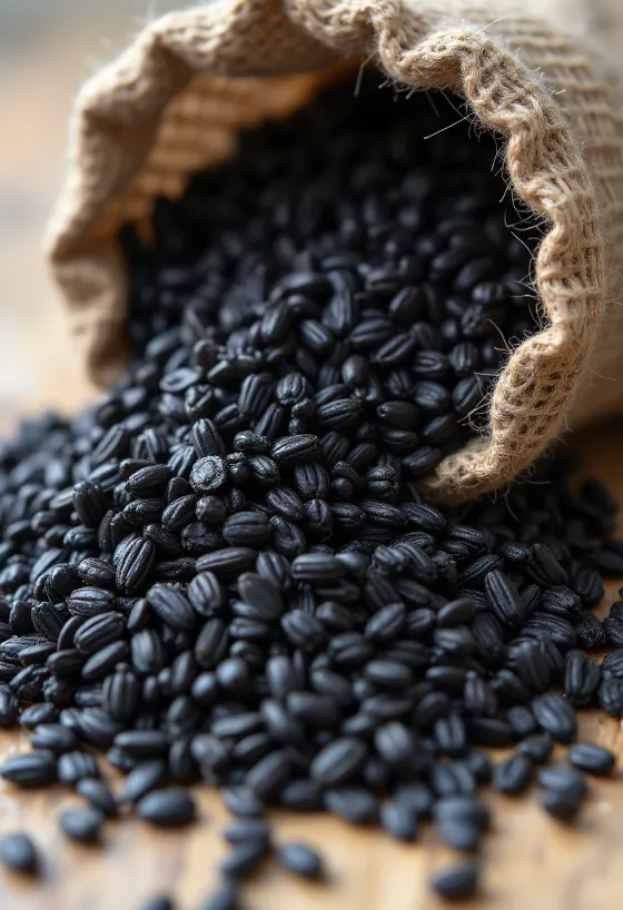 Arroz negro em pote de vidro, cor escura intensa, com grãos crus ao redor