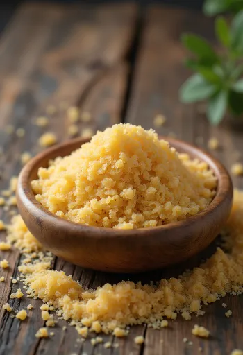 Grãos de fonio crus sobre uma superfície de madeira