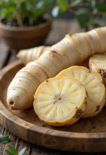 Raiz de galanga fresca (gengibre tailandês) sobre madeira