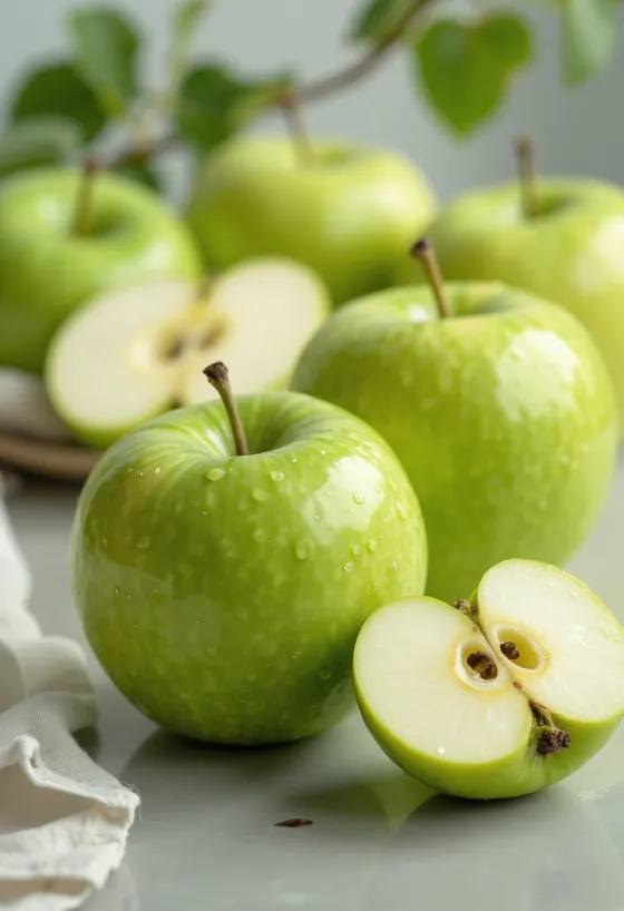 Maçãs Granny Smith verdes frescas inteiras e fatiadas