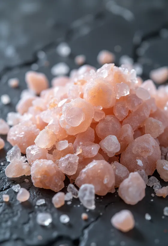 Cristais de sal do Himalaia rosa em pote de vidro e soltos