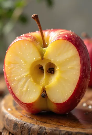Maçãs Honeycrisp frescas inteiras e fatiadas em tábua