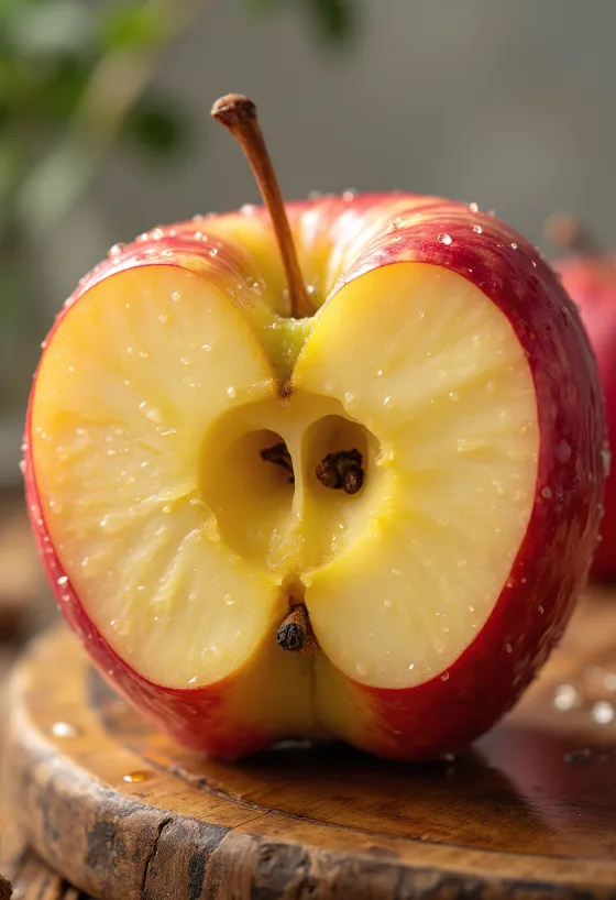 Maçãs Honeycrisp frescas inteiras e fatiadas em tábua