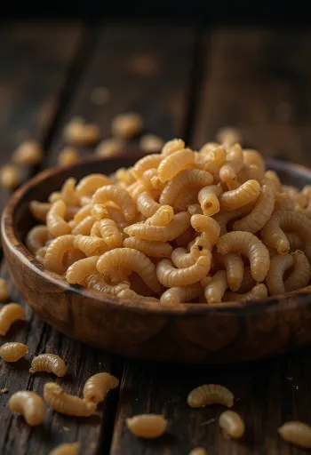 Larvas de farinha preparadas para consumo, apresentadas de forma limpa em um prato.