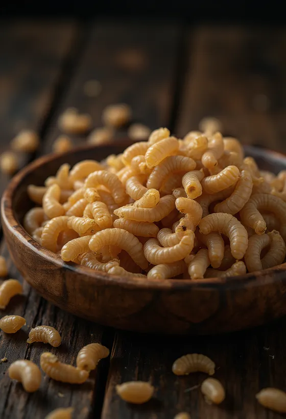 Larvas de farinha preparadas para consumo, apresentadas de forma limpa em um prato.