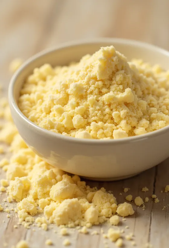 Pó de lúcuma amarelo-ouro em pote, com frutas de lúcuma frescas