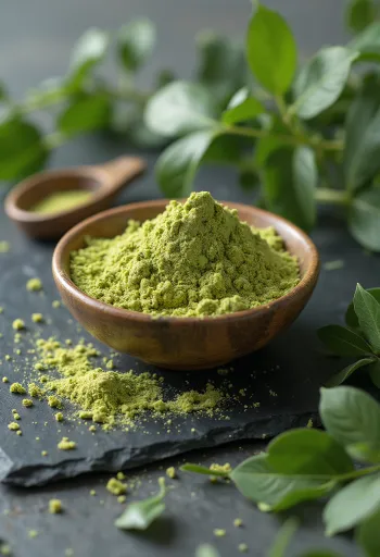 Pó de moringa verde em frasco com folhas frescas ao redor