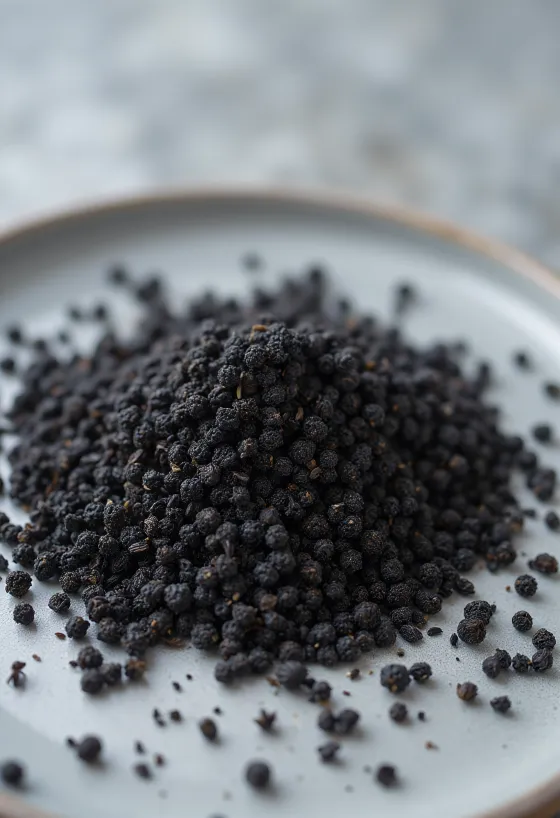 Sementes de Nigella (Cominho Preto) secas sobre bancada de madeira.