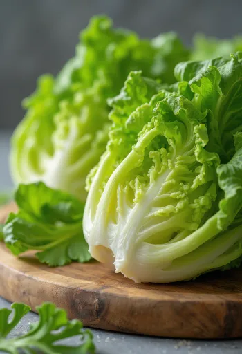 Cabeça de alface romana fresca com folhas longas e verdes sobre tábua