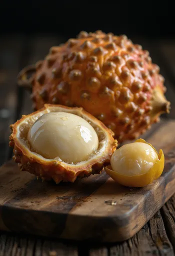 Gomos de Salak (Fruta-Cobra) descascados sobre uma tábua de madeira.