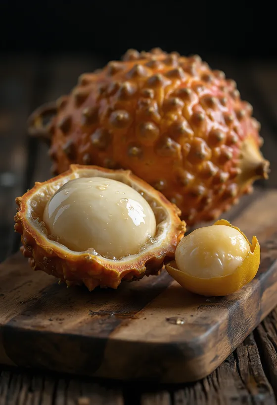 Gomos de Salak (Fruta-Cobra) descascados sobre uma tábua de madeira.