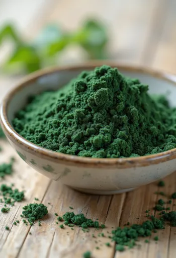 Spirulina em pó verde vibrante em frasco de vidro, cercada por tabletes de spirulina